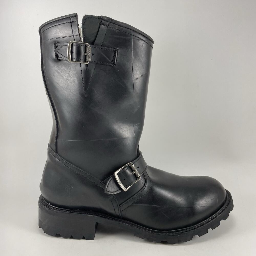 Frye Engineer Rubber Boots Mens Size 10.5 M Black Rain Boots Warm Lined Moto